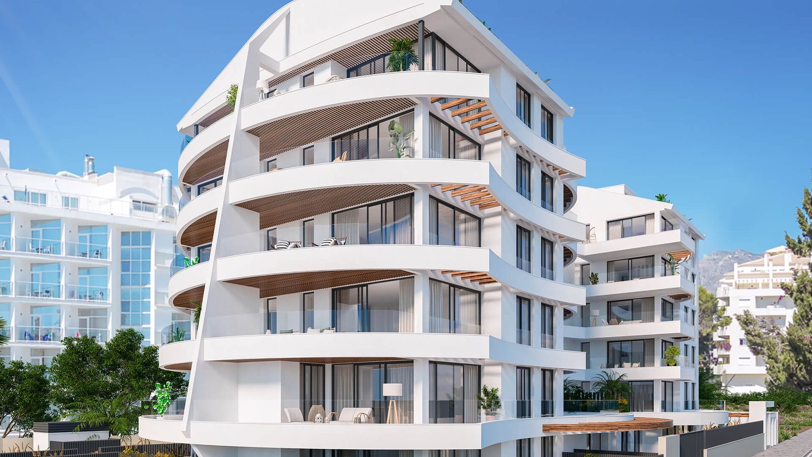 Exterieur van modern luxe appartementencomplex met balkons.