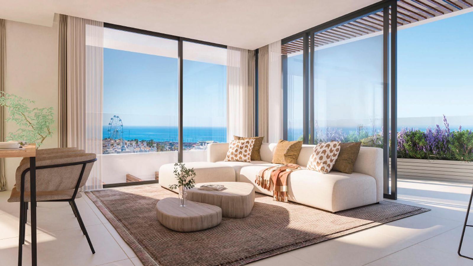 Modern lägenhet vardagsrum med havsutsikt i Marina Golden Bay.